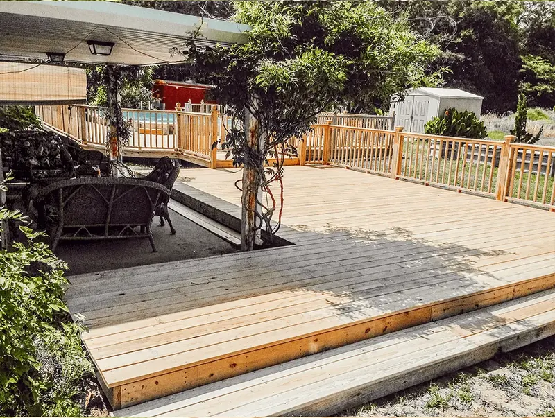 Backyard deck with railings