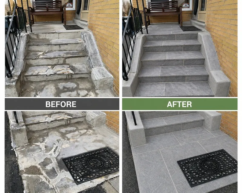 Porch steps rebuilt with tile, before and after