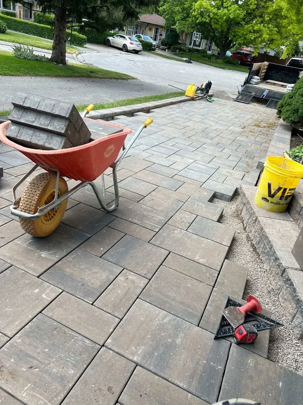Interlock patio installation in progress